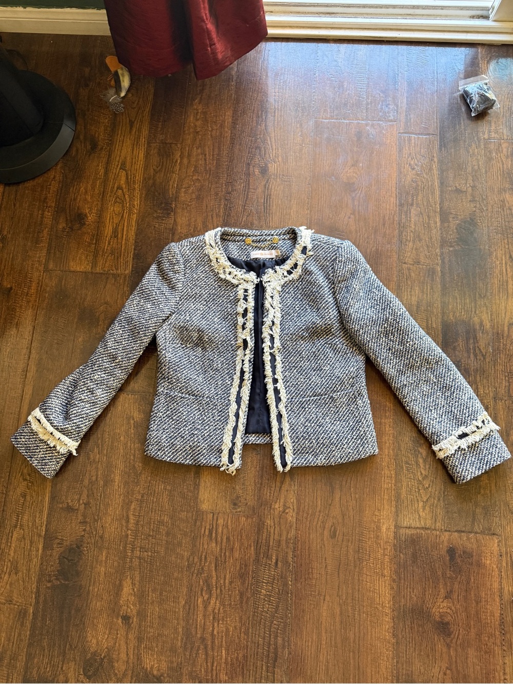 Tory Burch Textured Navy and White Bouclé Jacket with Fringe Trim
